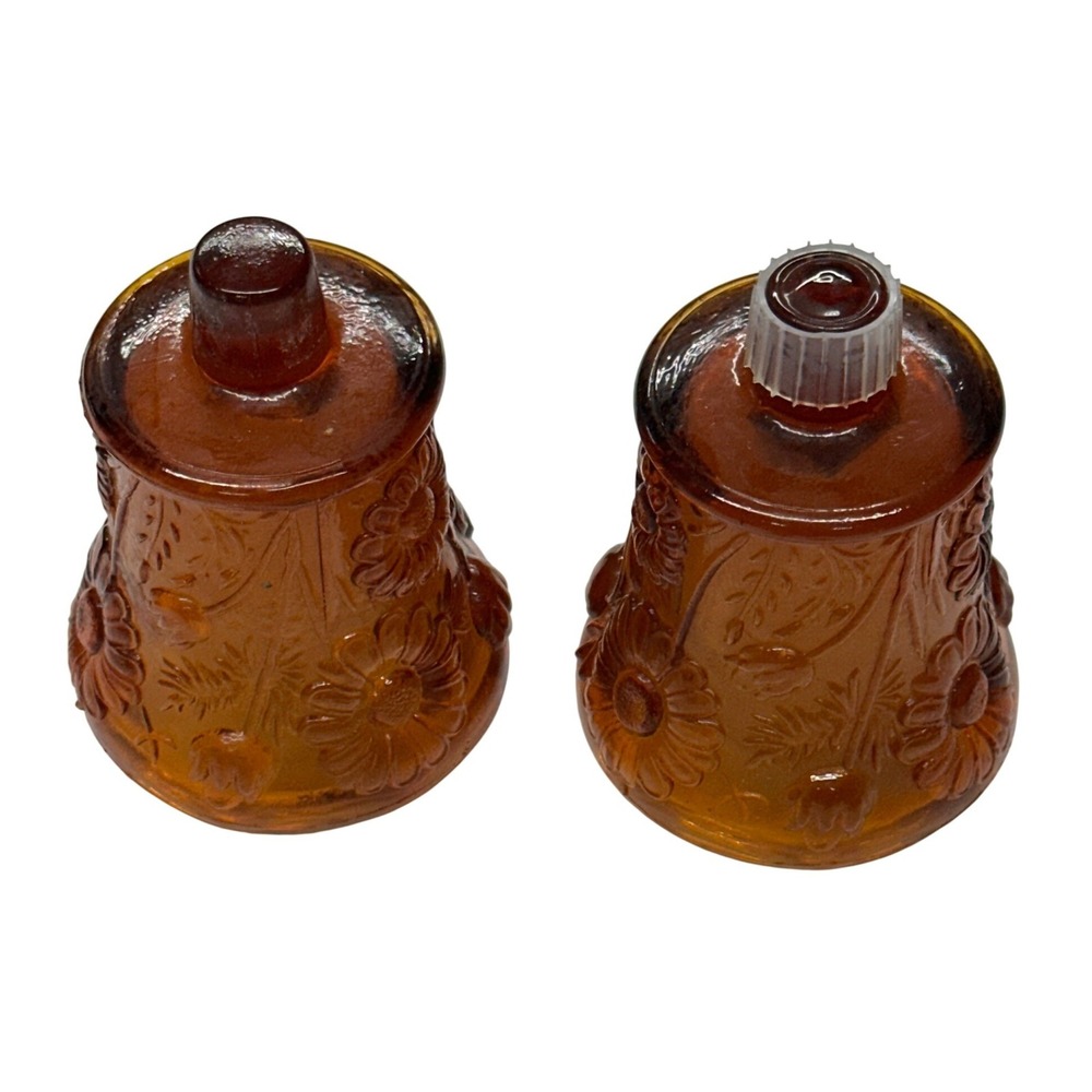 VTG Home Interiors Peg Votive Cup Amber Glass Daisy Flower Embossed Set of 2
